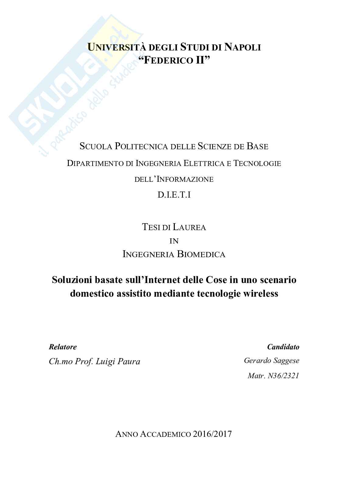 Soluzioni basate sull’Internet delle Cose in uno scenario domestico assistito mediante tecnologie wireless Pag. 1