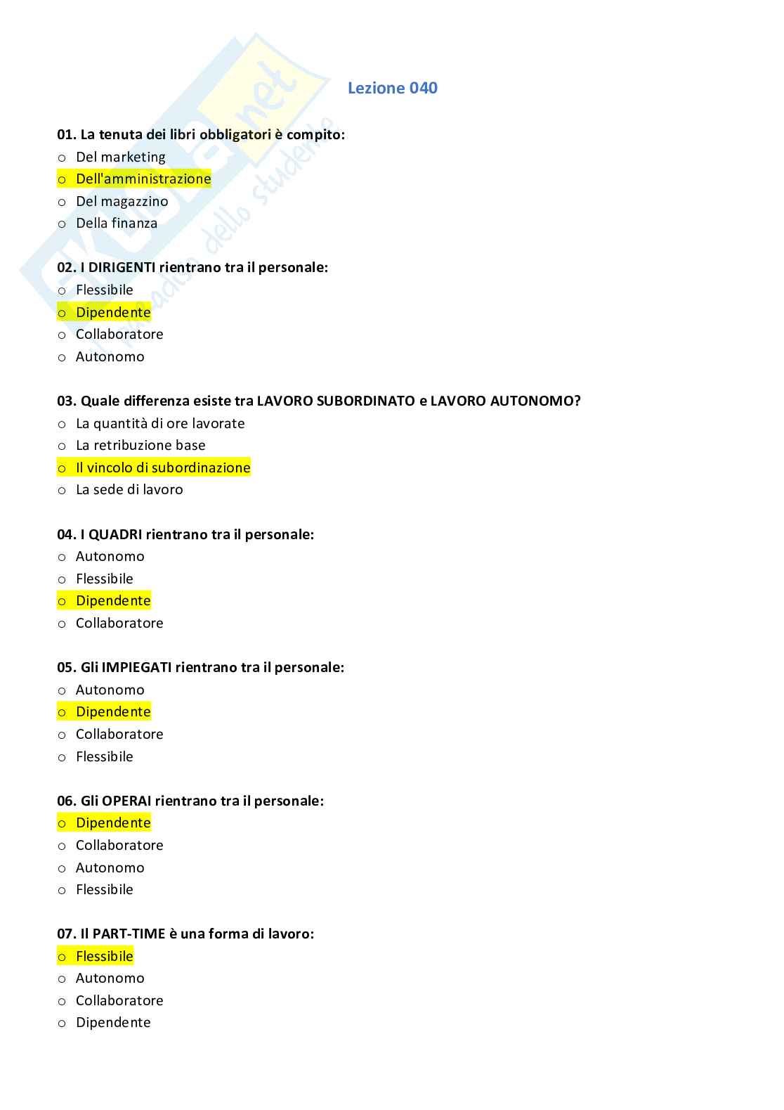 Paniere compilato con risposte chiuse di economia e gestione delle imprese Pag. 71