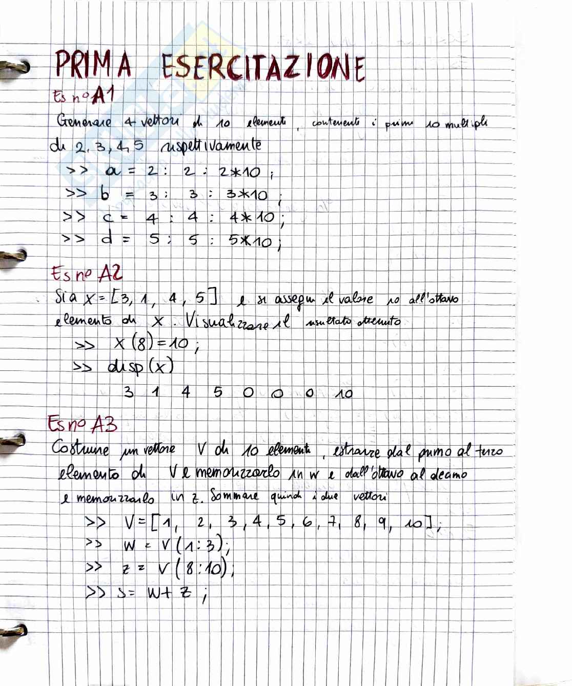 Esercitazioni MATLAB: manipolazione Vettori e Matrici 5x5 Pag. 1
