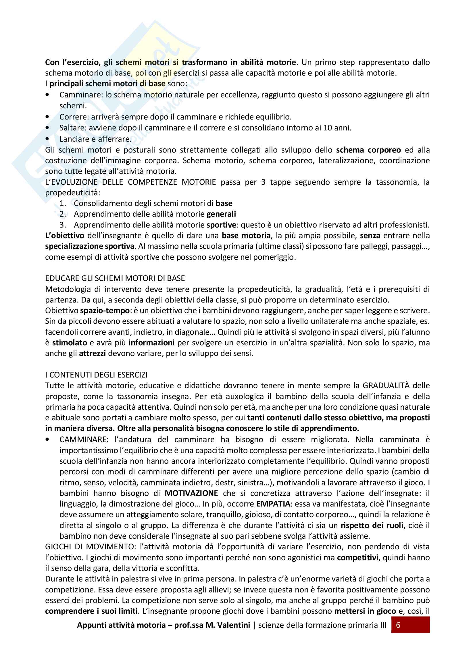 Appunti per l'esame di attività motoria, libro consigliato Il corpo educante, Valentini Pag. 6