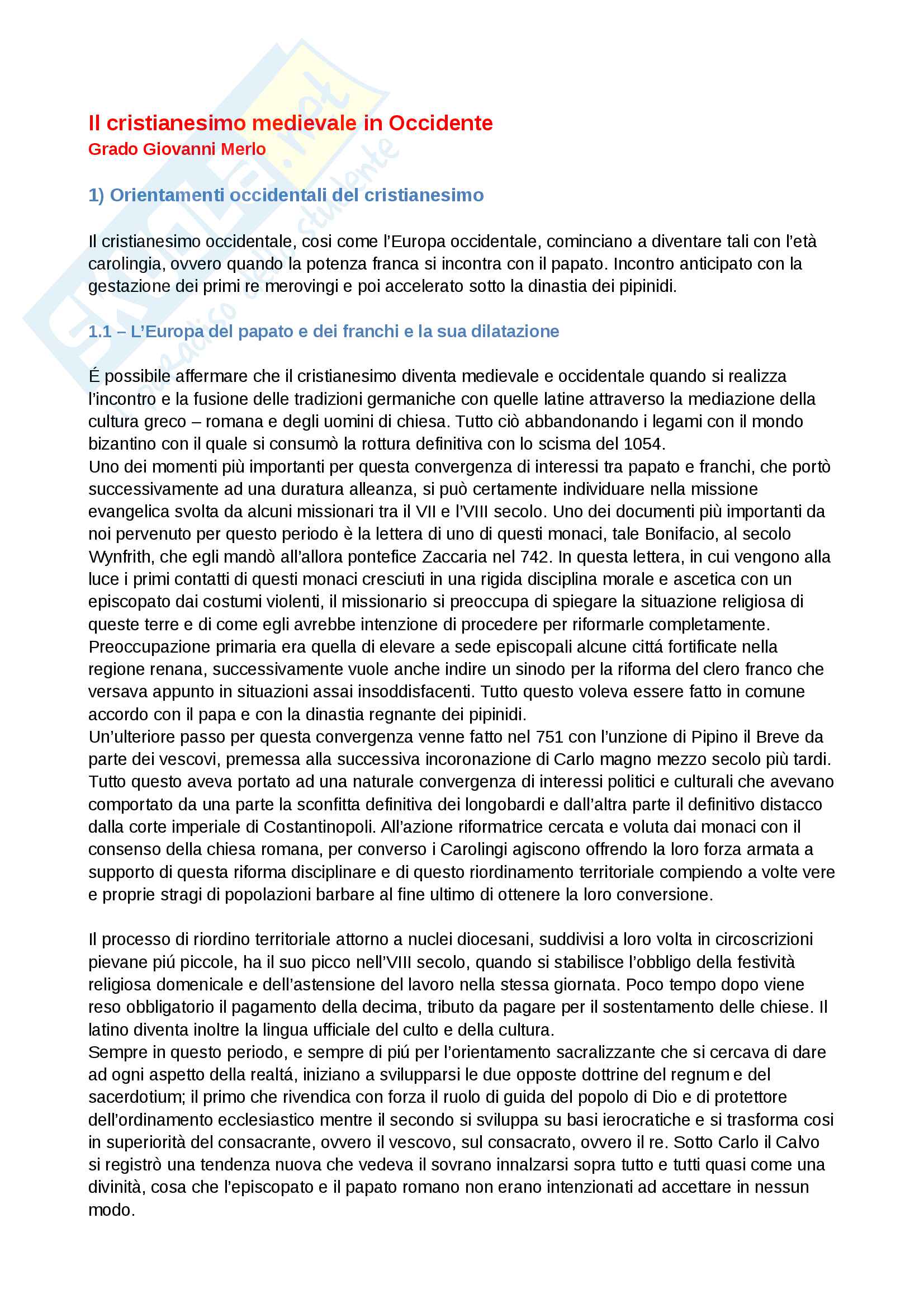 'Riassunto esame storia della chiesa e dei movimenti ereticali, prof. Benedetti, libro consigliato Il Cristianesimo medievale in Occidente Pag. 1