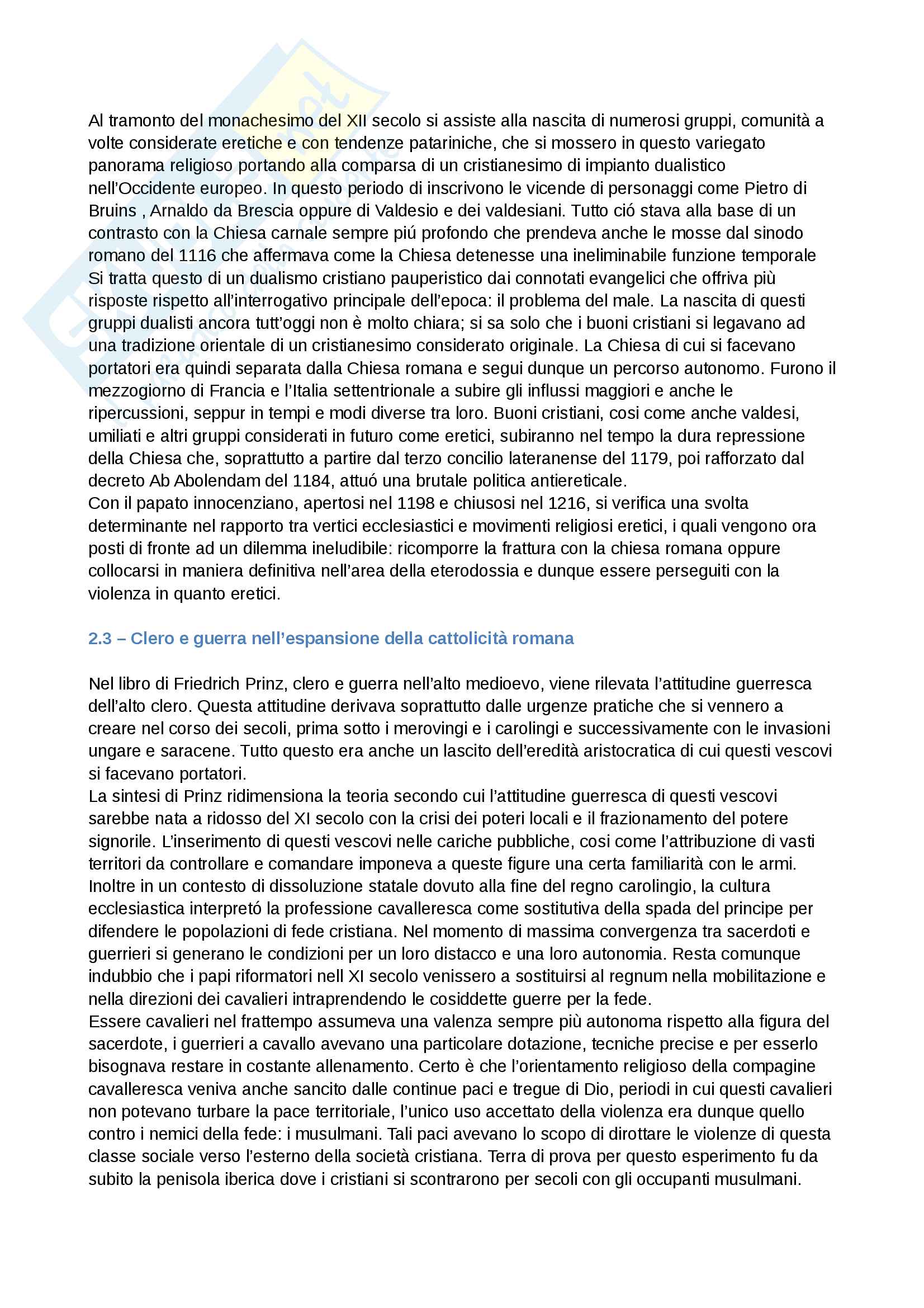 'Riassunto esame storia della chiesa e dei movimenti ereticali, prof. Benedetti, libro consigliato Il Cristianesimo medievale in Occidente Pag. 6
