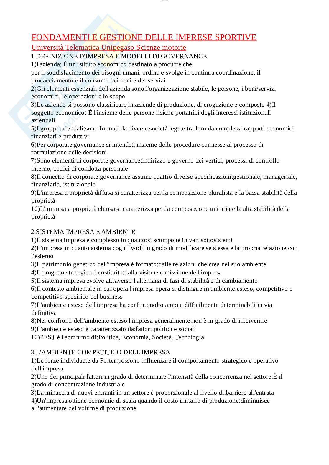 Paniere esame Fondamenti di gestione dell'impresa sportiva Pag. 1
