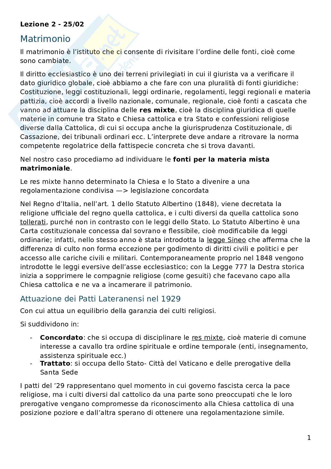 Appunti di Diritto ecclesiastico  Pag. 1