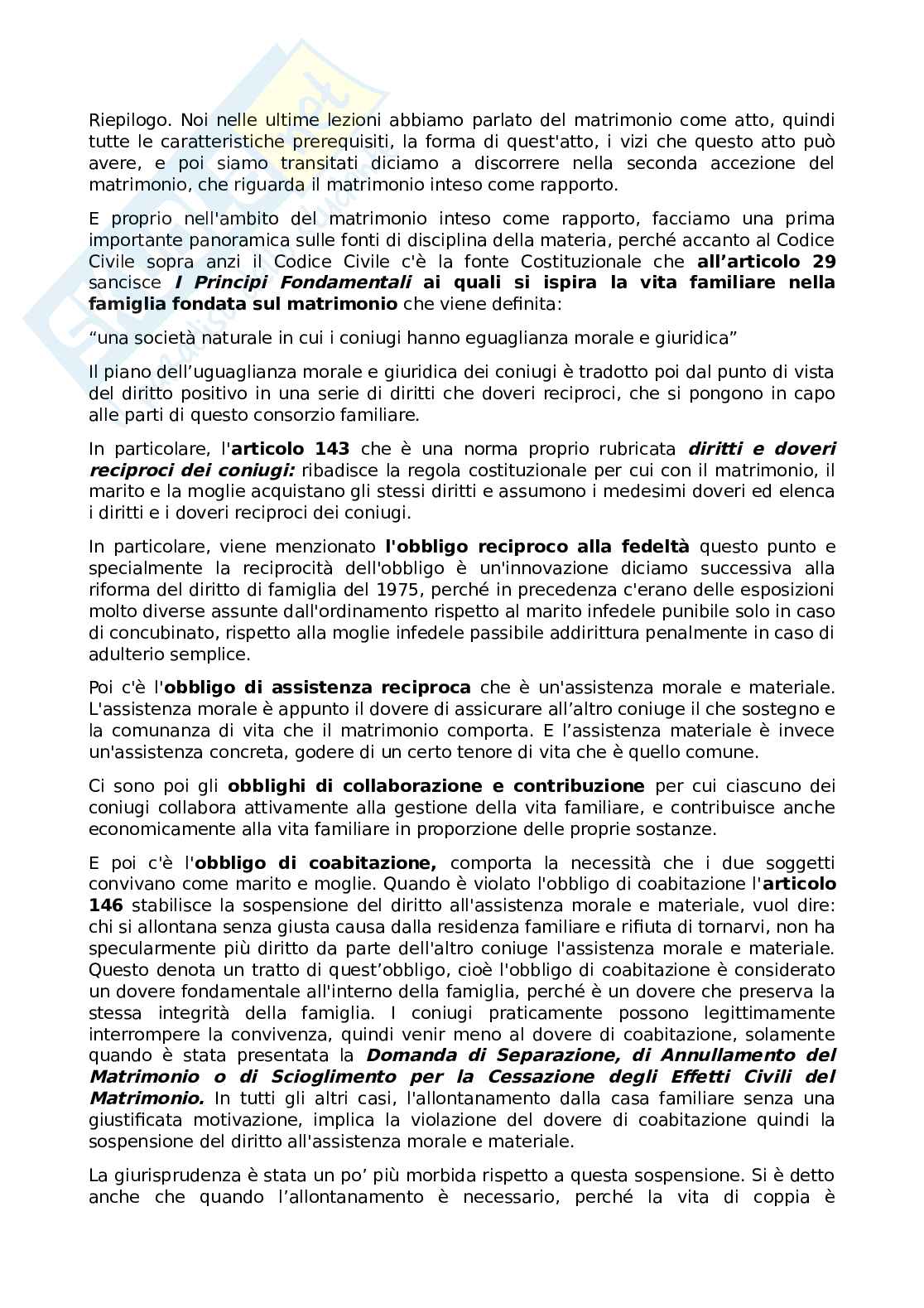 Appunti lezioni di Diritto privato III sui diritti e i doveri dei coniugi Pag. 1