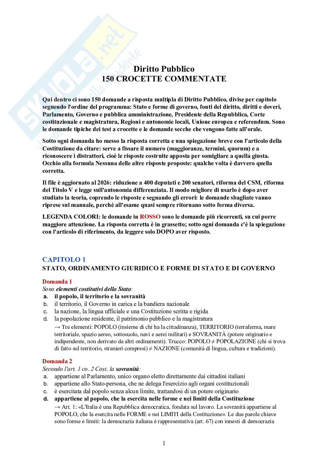Diritto pubblico – 150 crocette commentate con soluzioni e spiegazioni Pag. 1