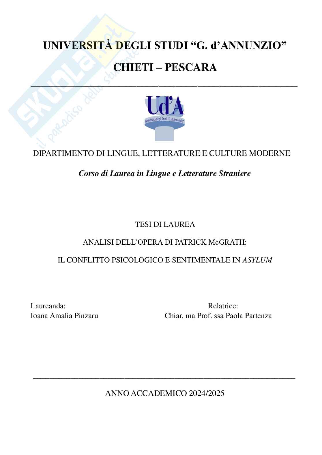 Analisi dell'opera di Patrick McGrath: il conflitto psicologico e sentimentale in Asylum Pag. 1