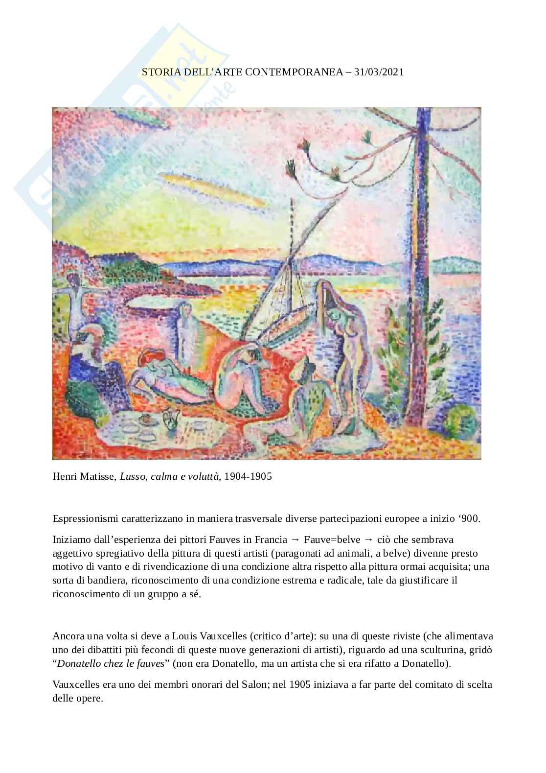 Matisse, Derain, Vlaminck, Kirchner, Rottluff, Schiele, Kokoschka, Kandinsky - Storia dell'arte contemporanea I Pag. 1
