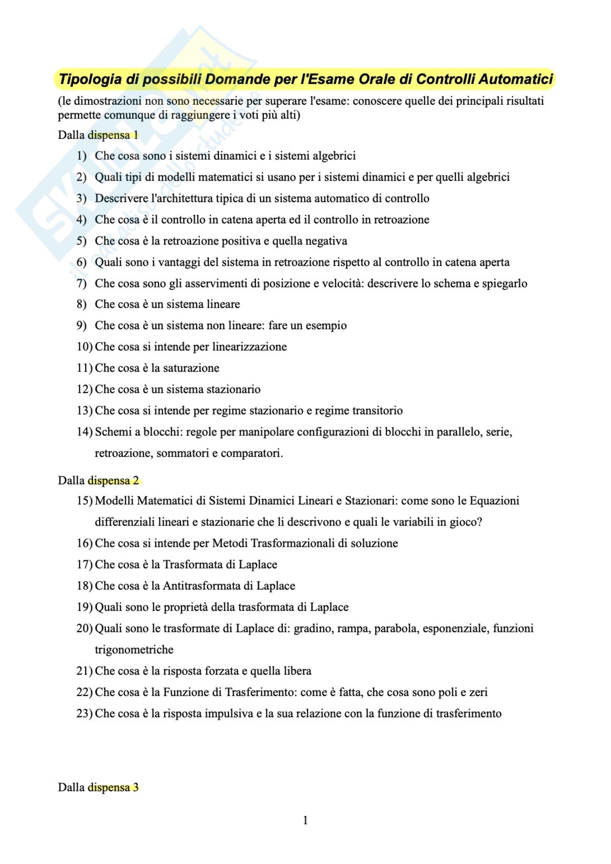 Risposte a domande aperte dell'orale di Controlli automatici Pag. 1