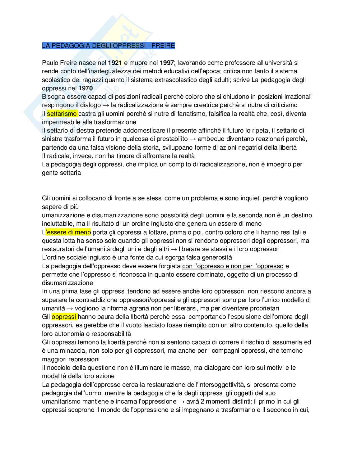 Riassunto esame Pedagogia Interculturale, prof Bolognesi, libro consigliato La pedagogia degli oppressi, Freire Pag. 1