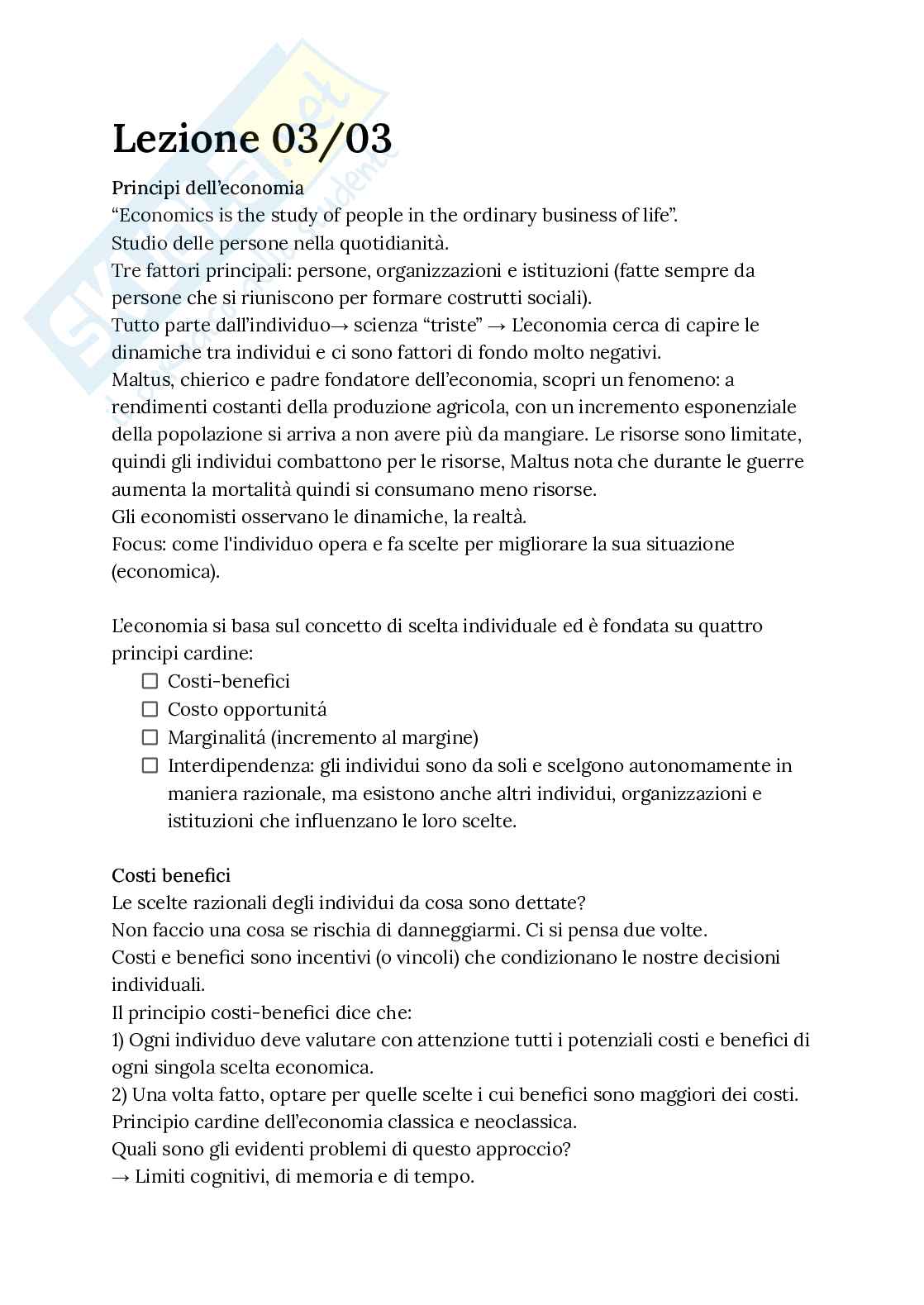 Riassunto esame Istituzioni di economia politica, Prof. Ferretti Fabrizio, libro consigliato Principi di economia (prima edizione italiana)  , Stevenson, Wolfers Pag. 1
