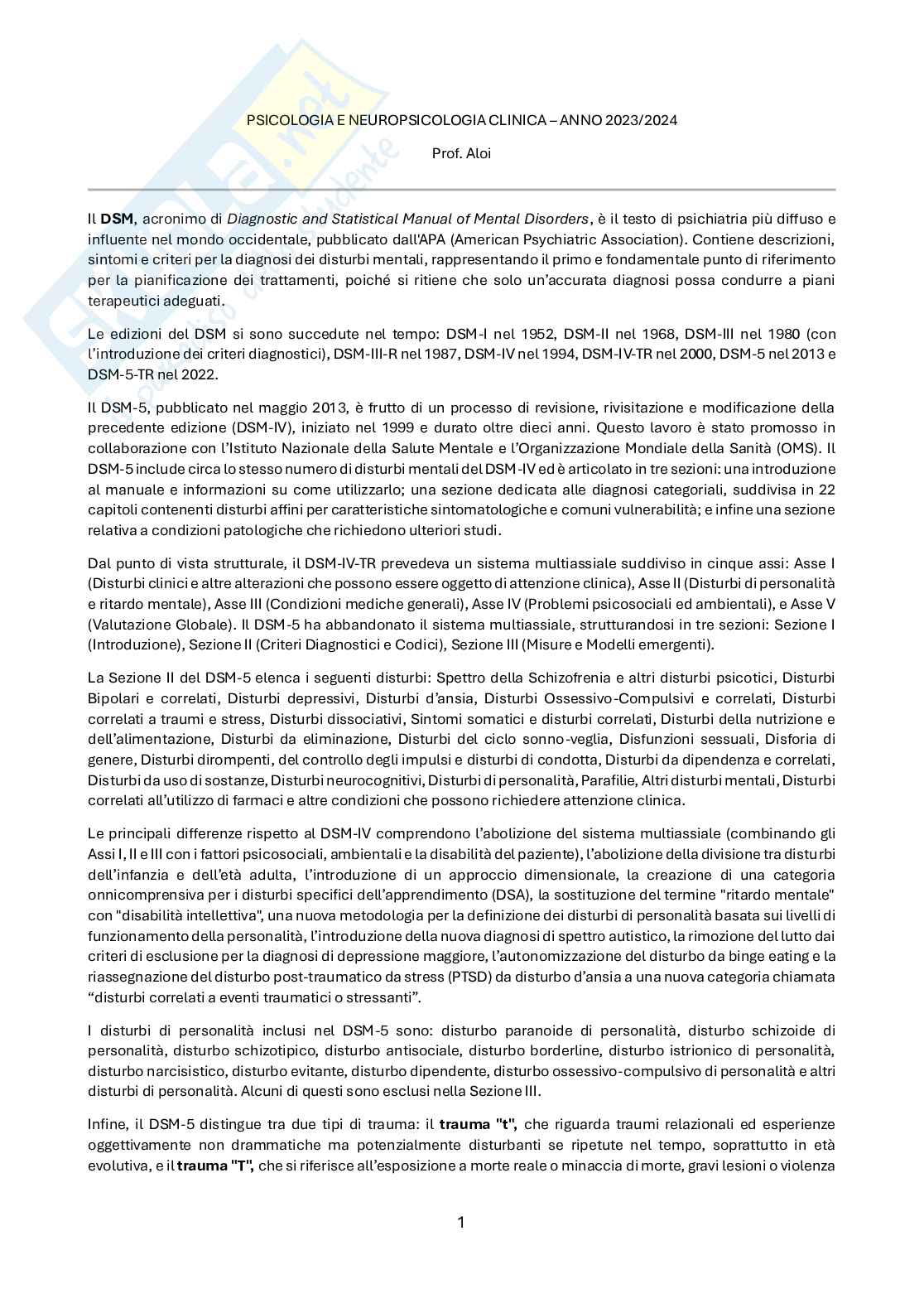 Fondamenti di psicologia e neuropsicologia clinica Pag. 1