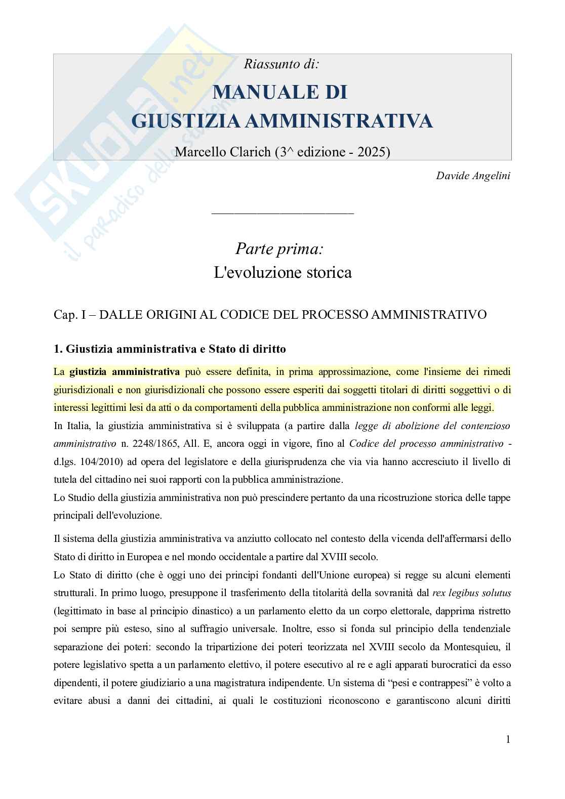 Riassunto esame Diritto Amministrativo, Prof. Ramajoli Margherita, libro consigliato Manuale di giustizia amministrativa, 3^ edizione (2025), Clarich Pag. 1