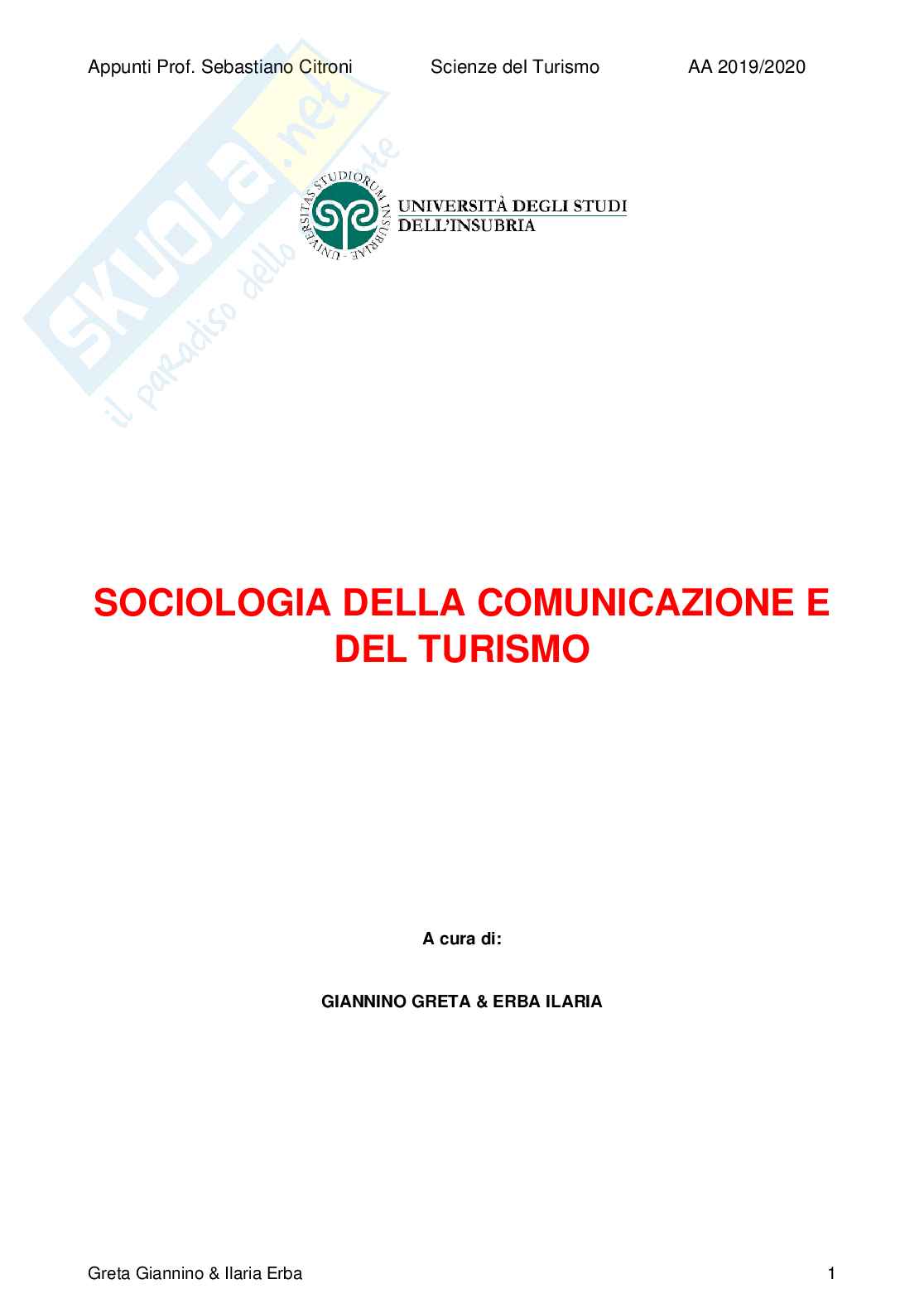 Appunti di Sociologia della comunicazione e del turismo Pag. 1