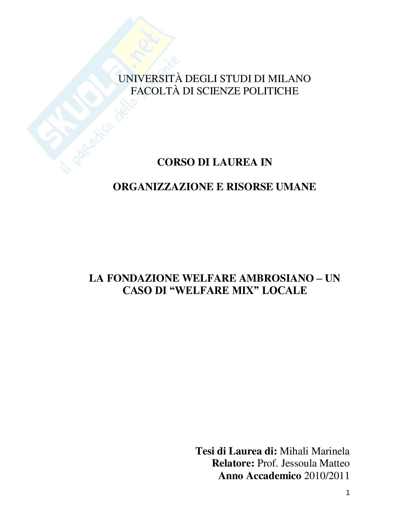Tesi - La fondazione Welfare Ambrosiano - Un caso di "Welfare Mix” locale Pag. 1