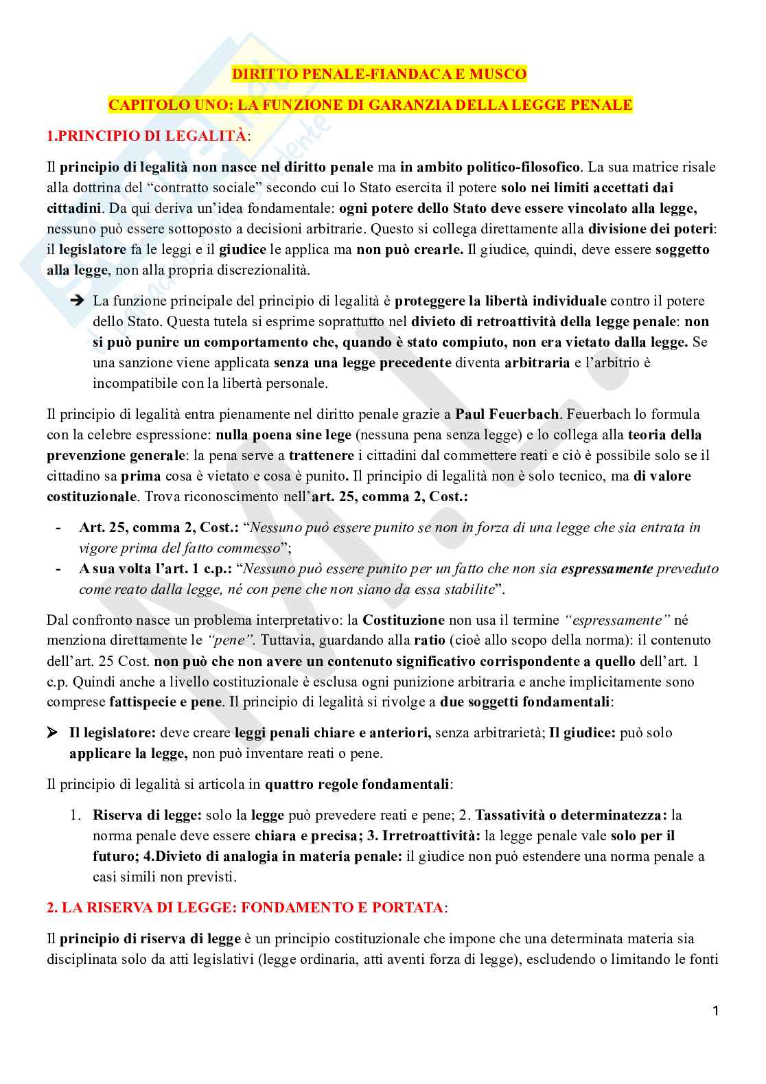 Riassunto esame Diritto penale , Prof. Schiaffo Francesco, libro consigliato Manuale di diritto penale, Fiandaca Pag. 1