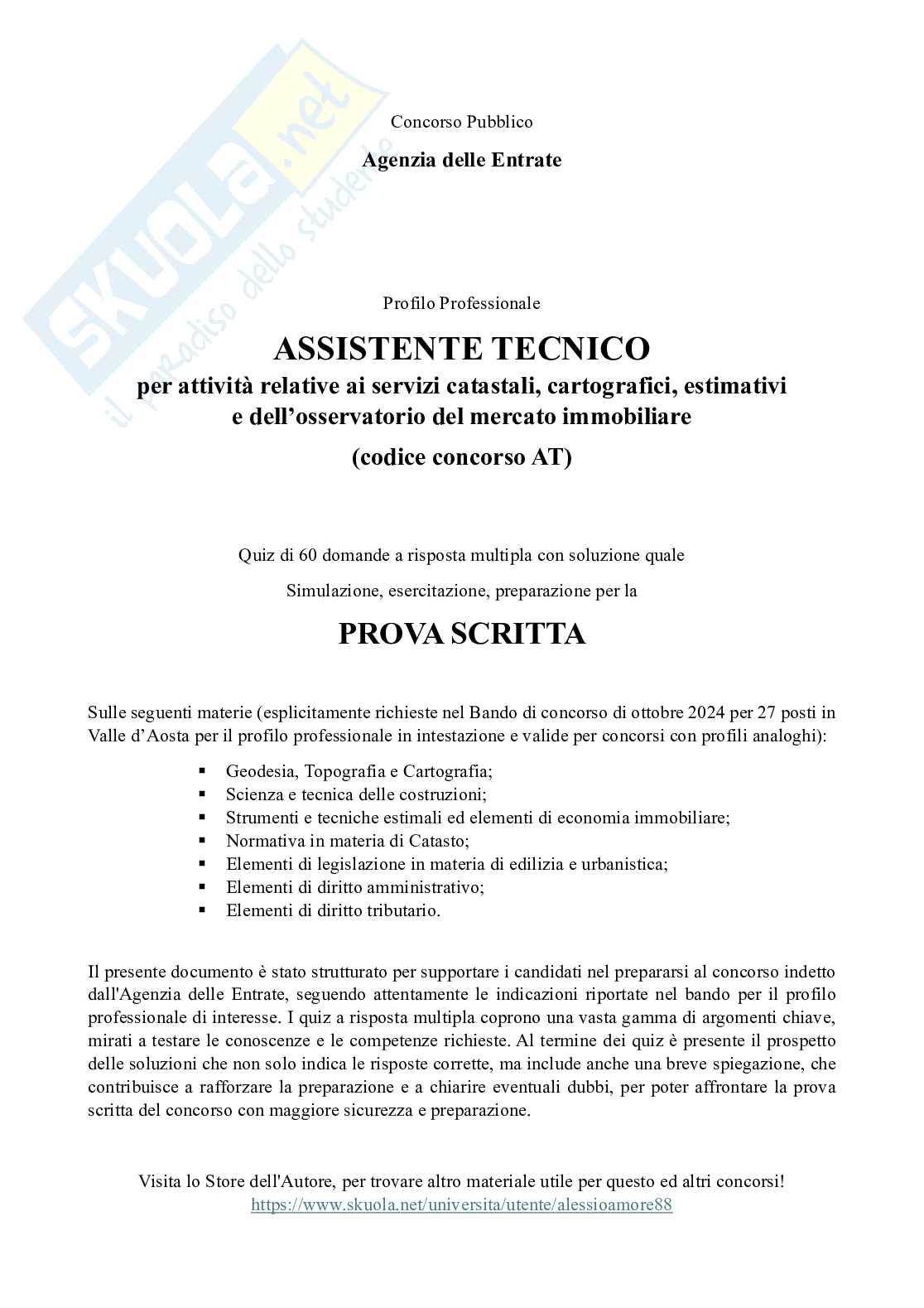 Prova scritta Concorso Agenzia Entrate 27 posti Valle Aosta - Assistente tecnico AT - quiz svolti con soluzione Pag. 1