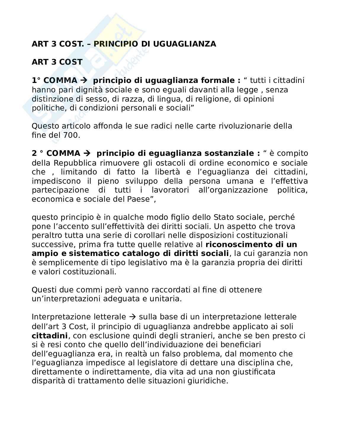 Appunti di Diritto pubblico sull'articolo 3 Pag. 1