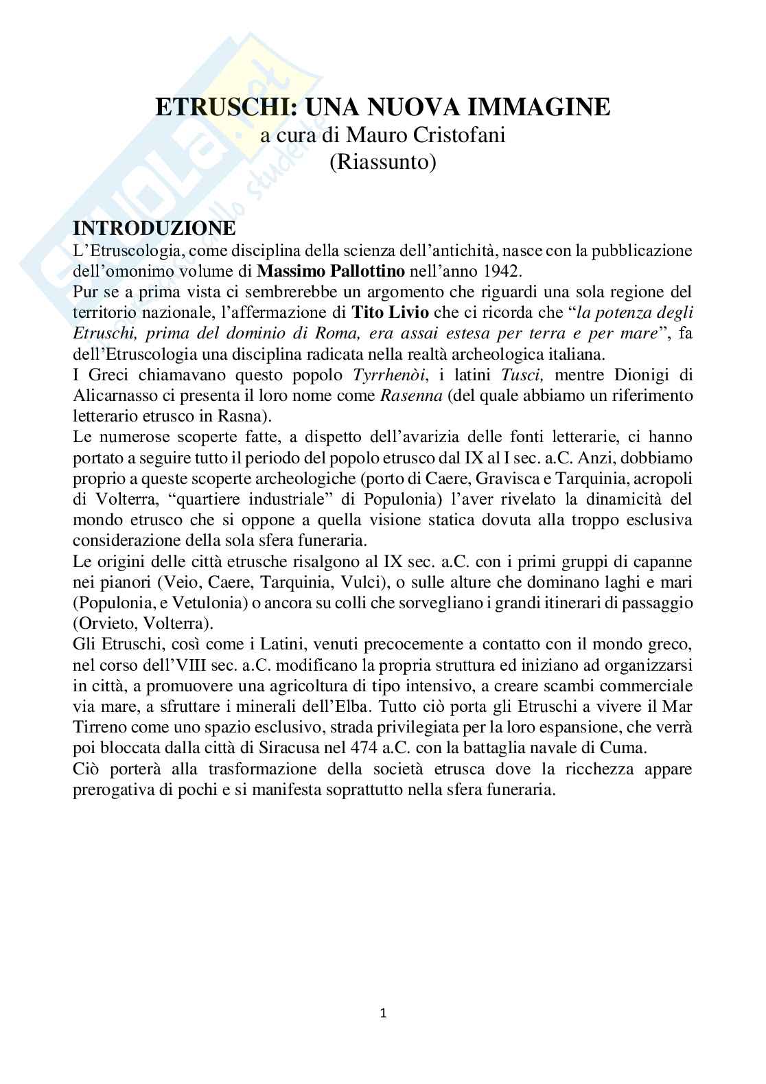 Riassunto esame Etruscologia, prof. Chiara Pizzirani, libro consigliato: Etruschi una nuova immagine, Cristofani Pag. 1