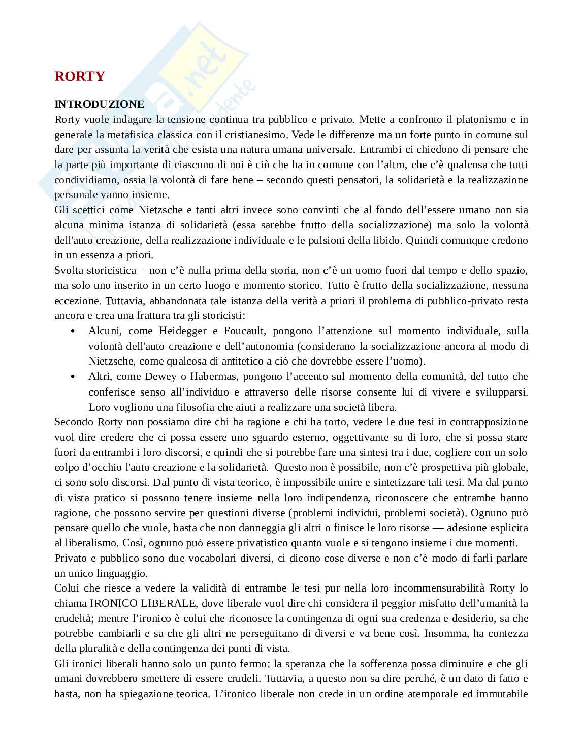 Schema Filosofia politica parte su Rorty: la filosofia dopo la filosofia Pag. 1