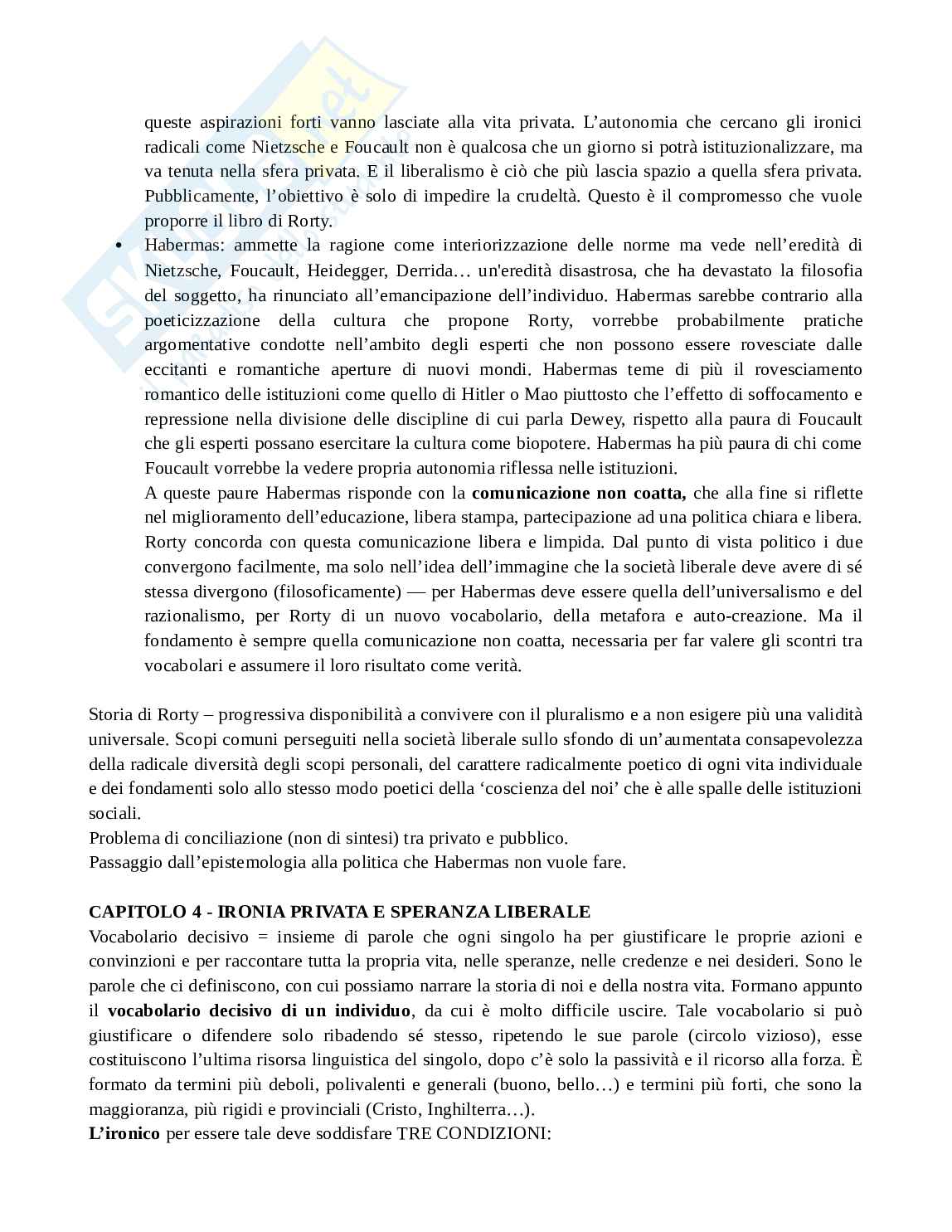 Schema Filosofia politica parte su Rorty: la filosofia dopo la filosofia Pag. 11