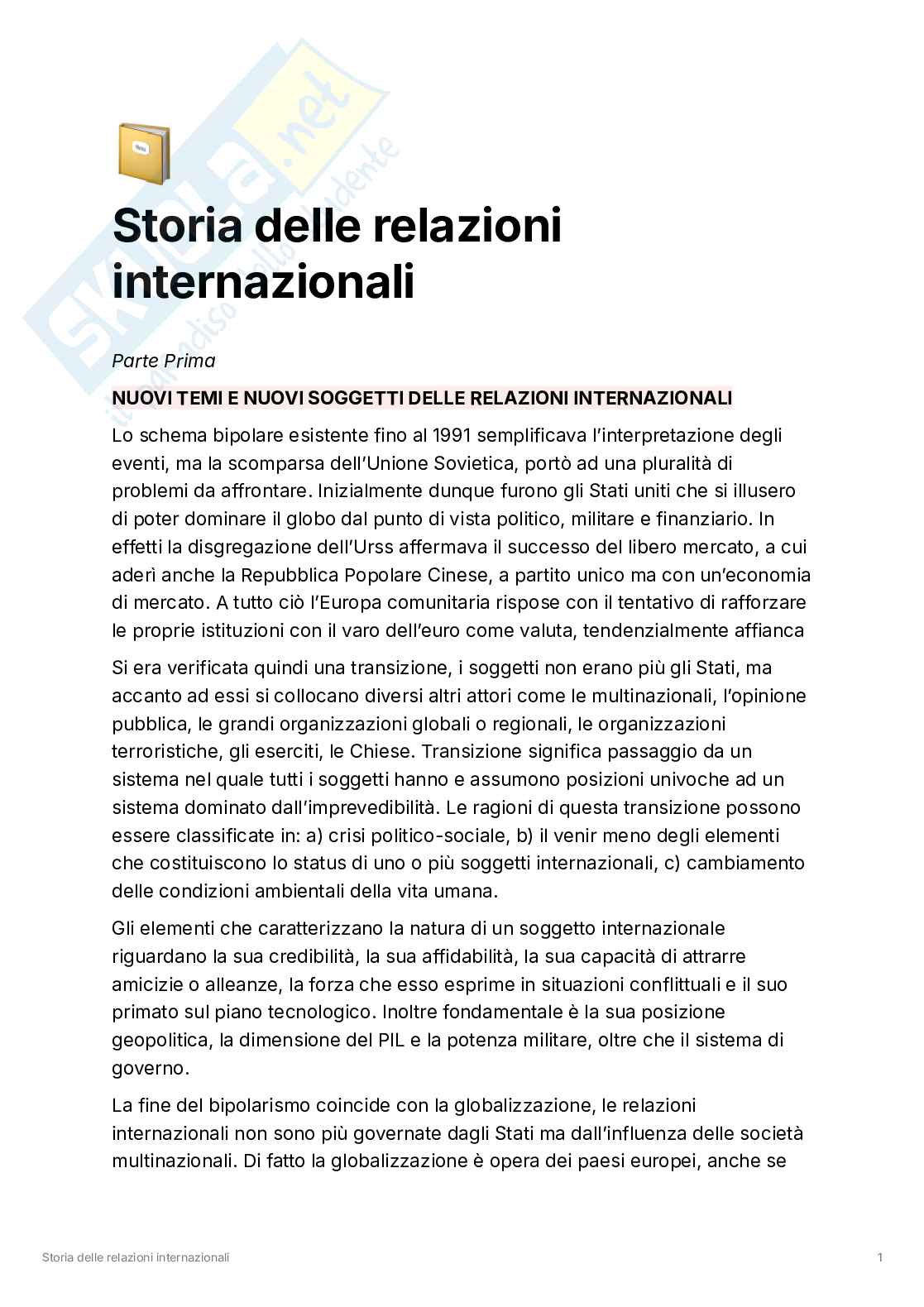 Riassunto esame Storia delle relazioni internazionali, Prof. Turato Fabio, libro consigliato Storia delle relazioni internazionali. Dalla guerra fredda ad oggi, Di Nolfo Pag. 1