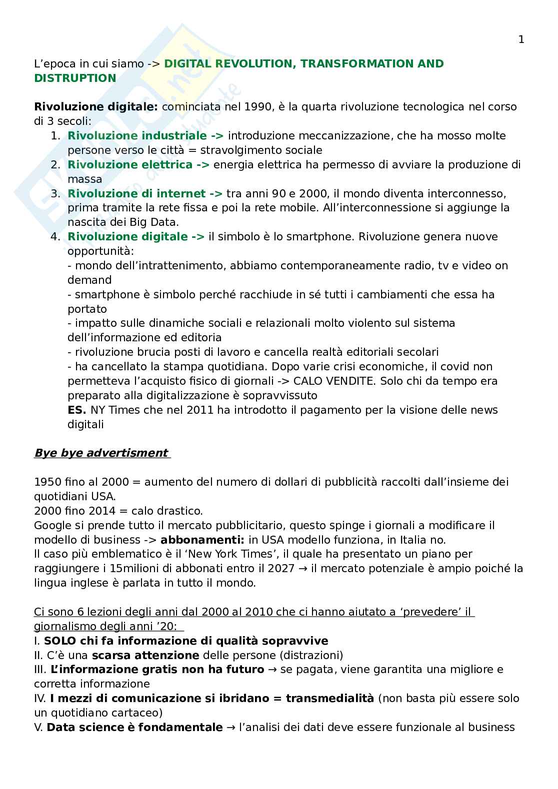 Appunti Giornalismo e informazione digitale, 1 semestre Pag. 1