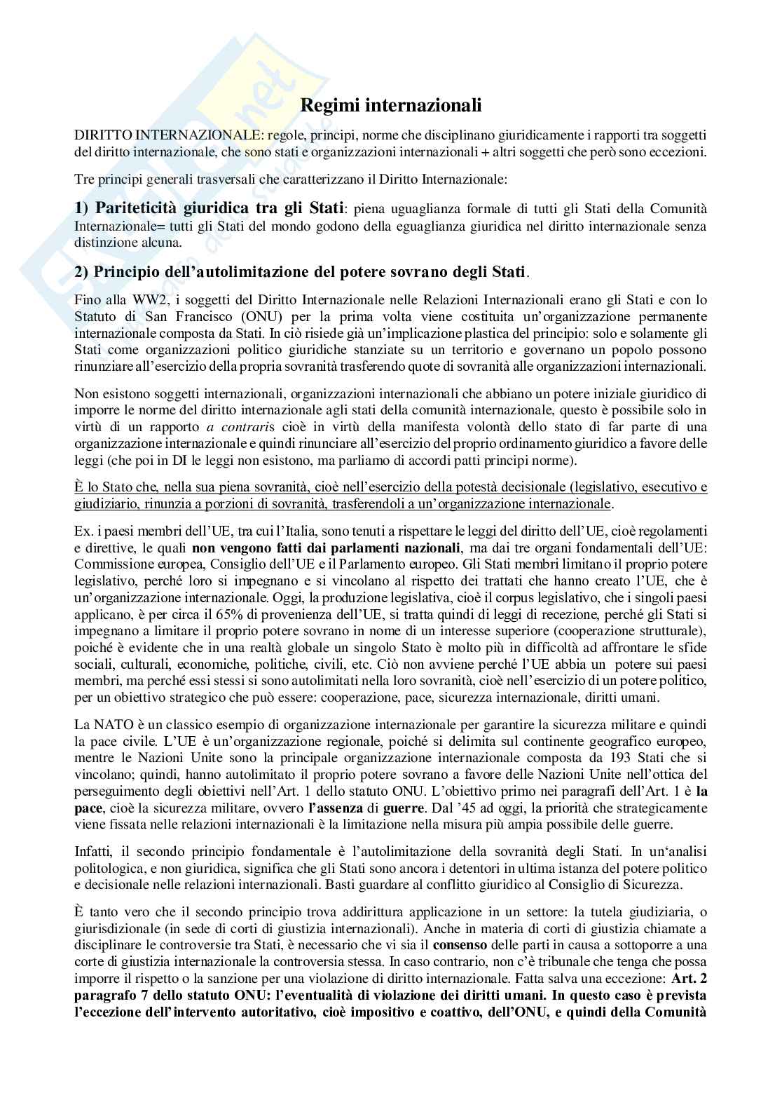 Appunti interamente sostitutivi di Regimi internazionali Pag. 1