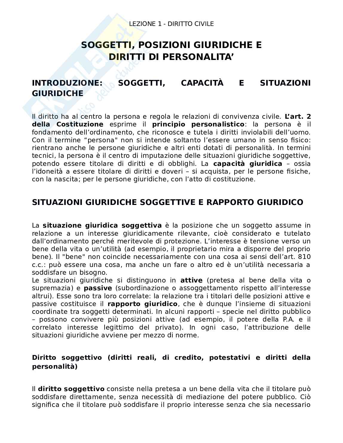 Soggetti, posizioni giuridiche e diritti della personalità Pag. 1