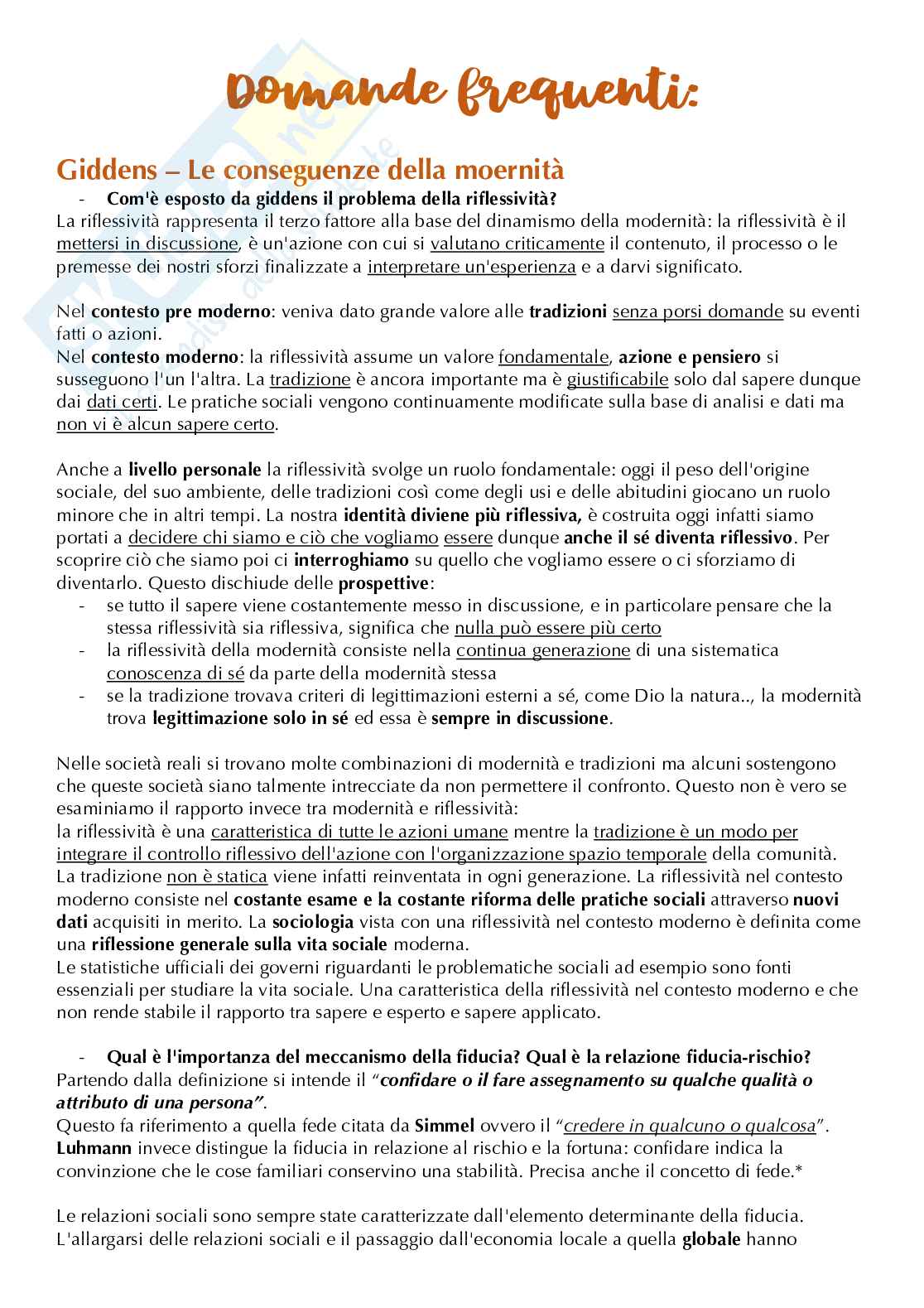 Domande frequenti Sociologia del mutamento Pag. 1