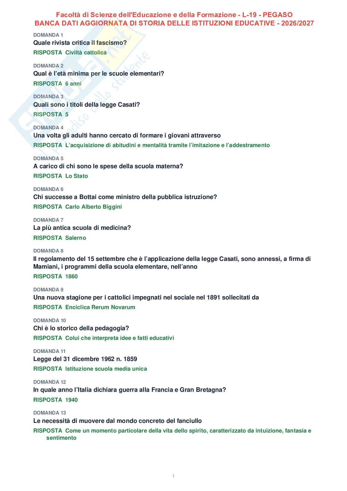 Tutte le 410 domande di Storia delle istituzioni educative + Domande extra (2026/2027)   Pag. 1