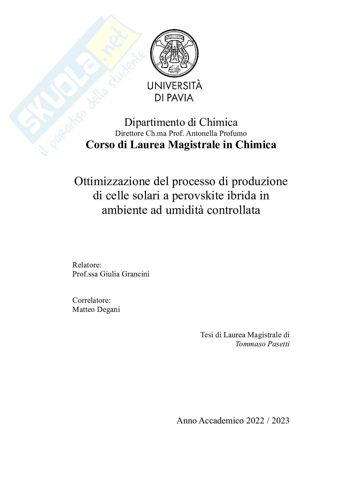 Ottimizzazione del processo di produzione di celle solari a perovskite ibrida in  ambiente ad umidità controllata  Pag. 1