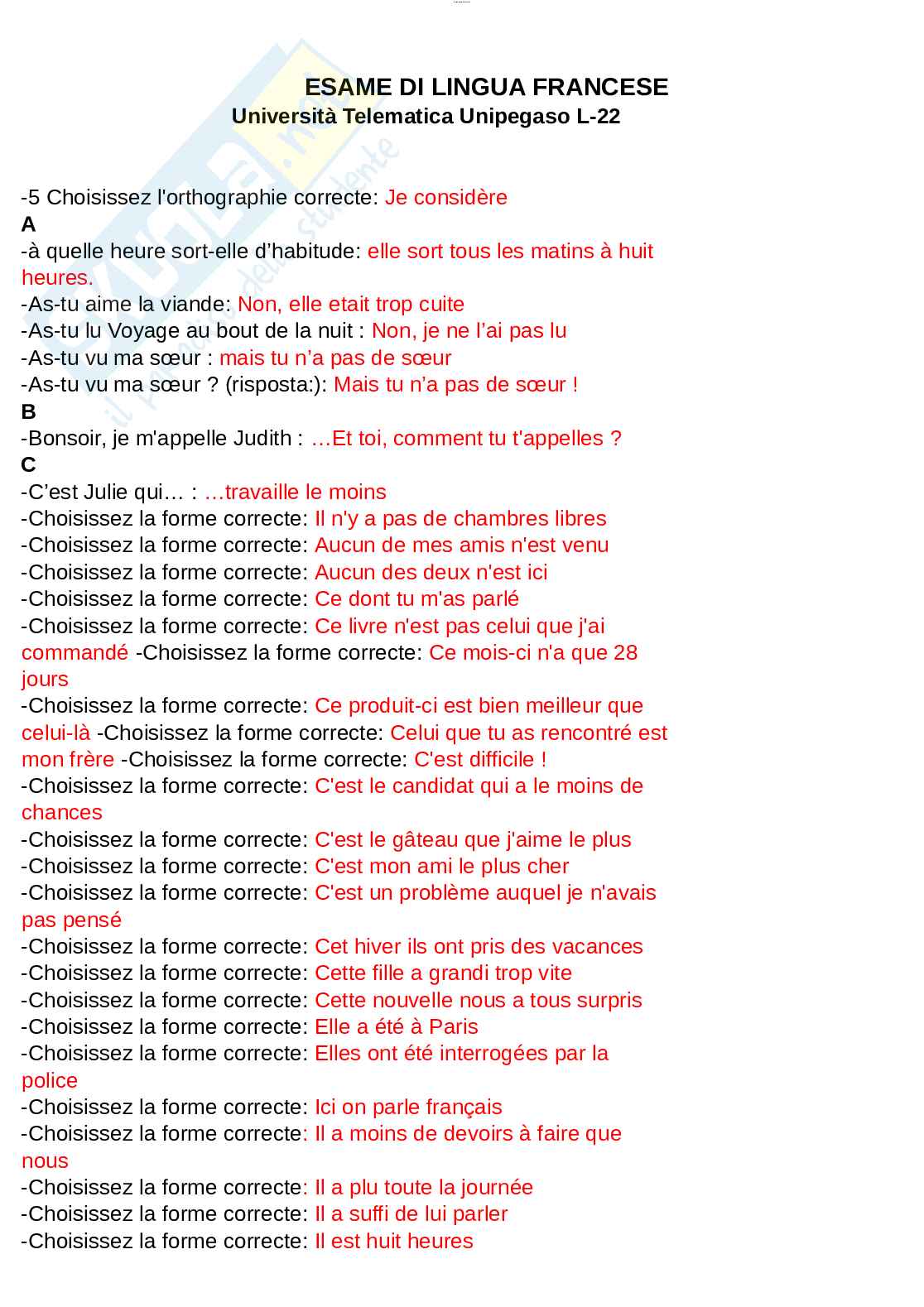 Paniere esame Lingua francese  Pag. 1