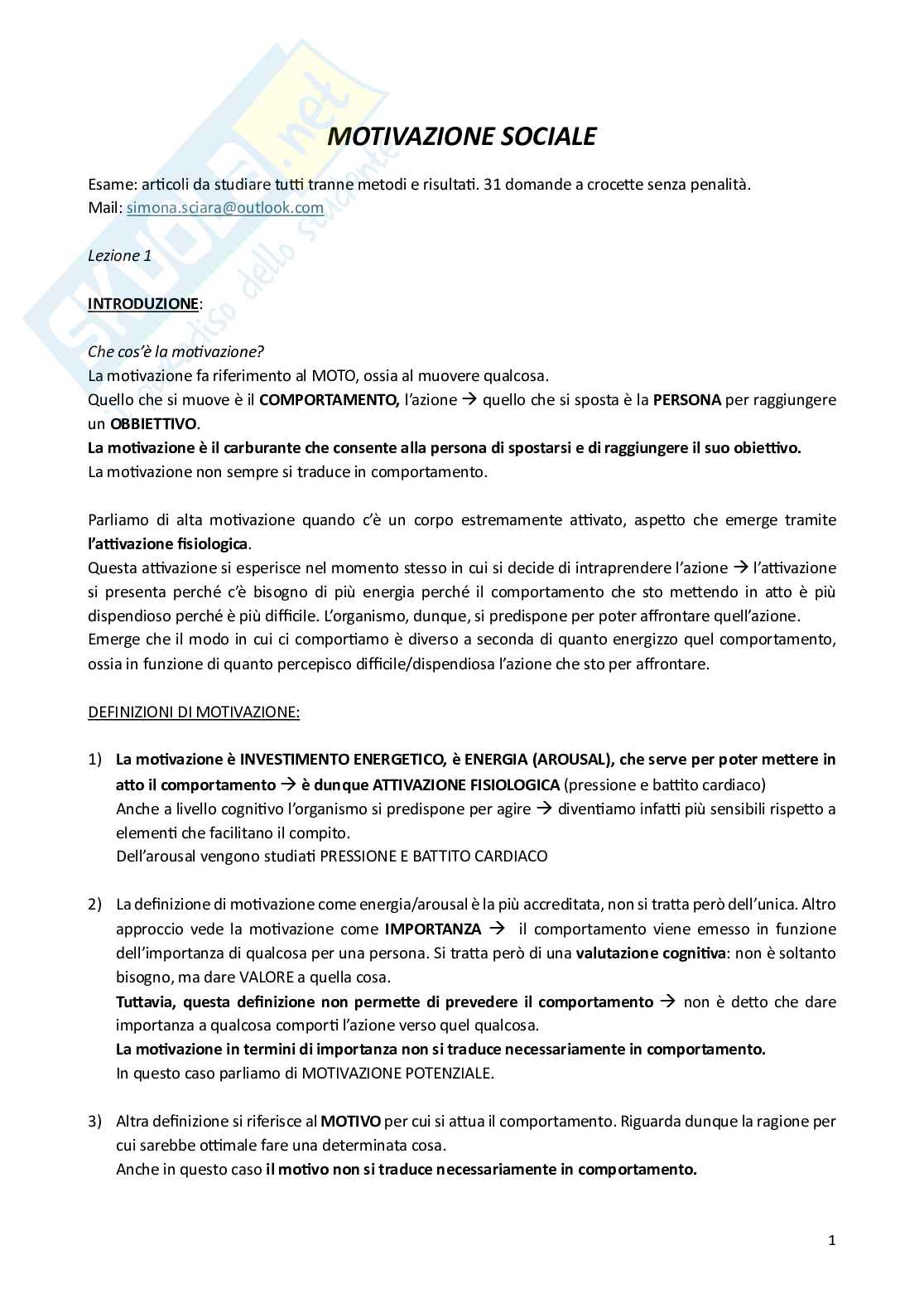 Appunti di Motivazione sociale  Pag. 1