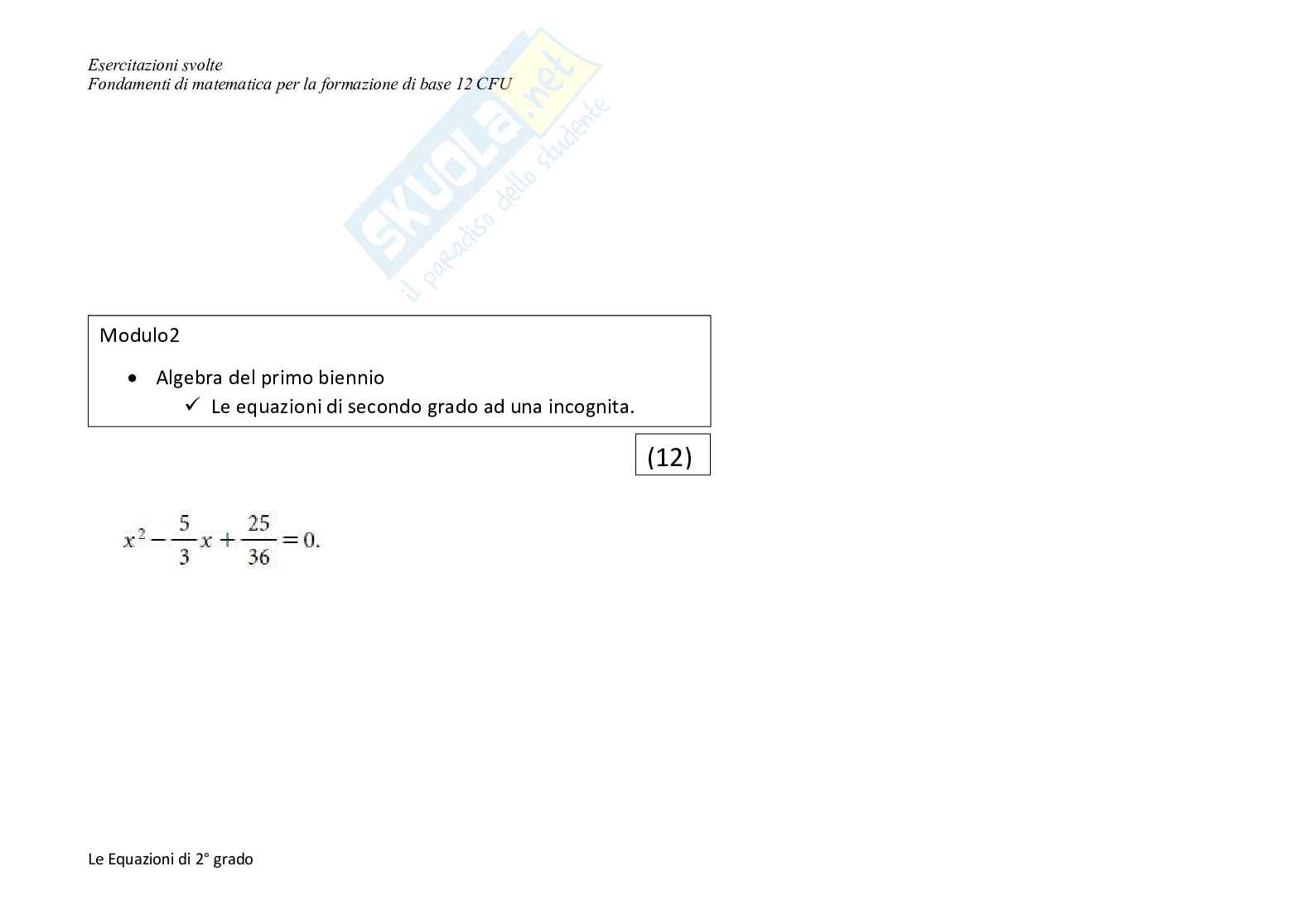 Algebra del primo biennio - Equazioni di secondo grado ad una incognita - Es. 12 Pag. 1