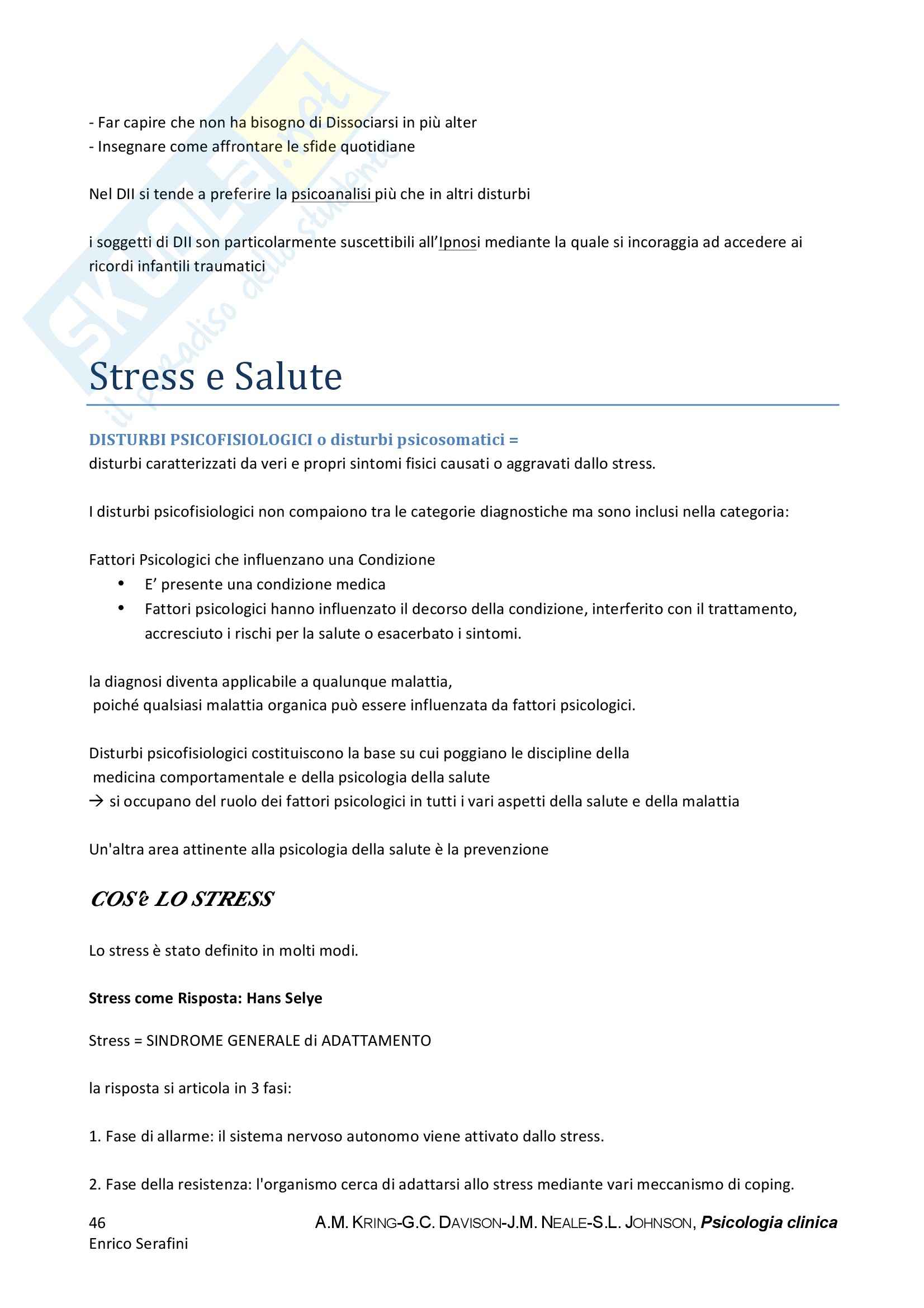 Riassunto esame Psicologia clinica, prof. Molinari, libro consigliato Psicologia Clinica, Kring, Davison, Neale, Johnson Pag. 46