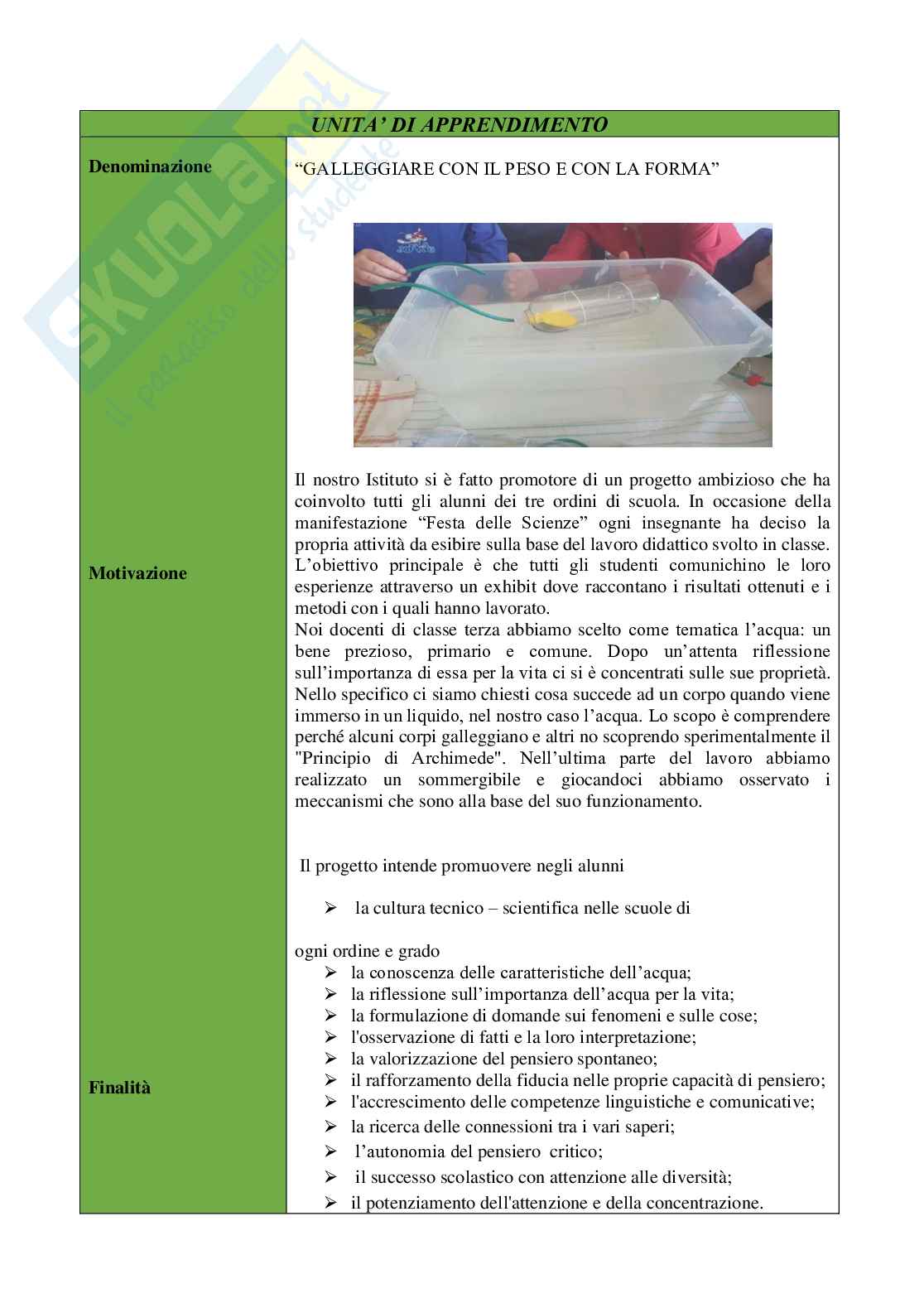 Esempio uda lezione simulata per la scuola primaria e concorsi pubblici matematica titolo galleggiare con il peso e con la forma Pag. 2