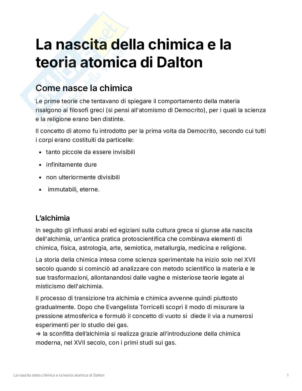 Nascita della chimica e postulato di Dalton Pag. 1