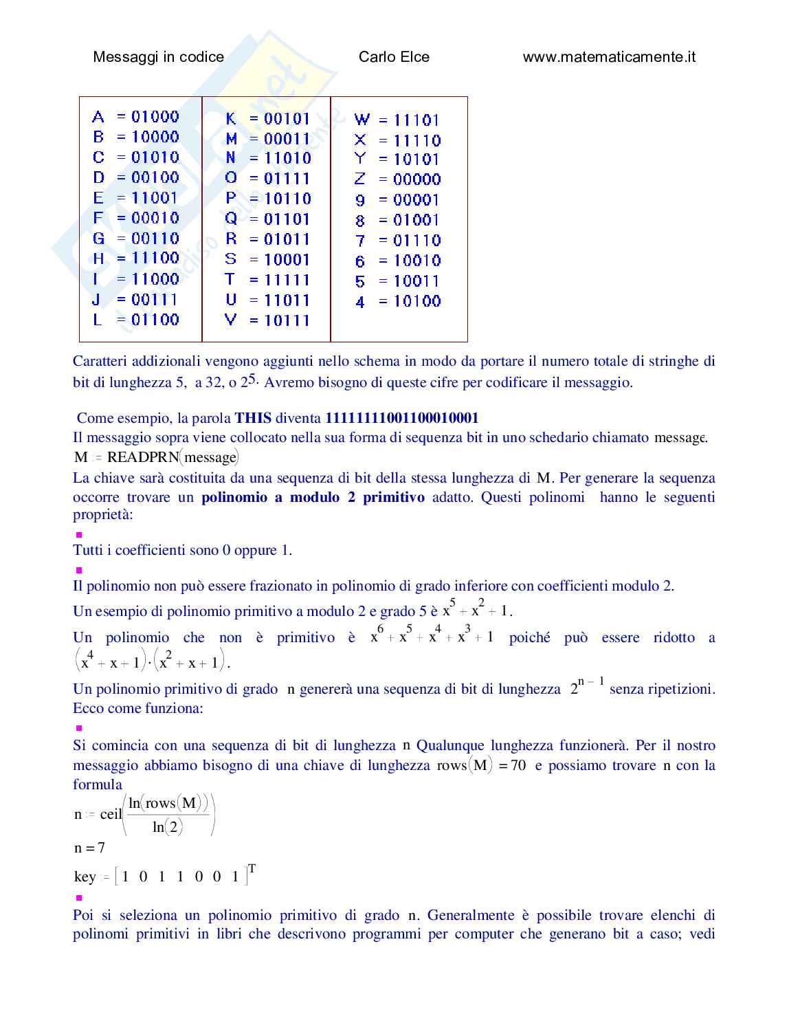 Messaggi in codice con Mathcad Pag. 2