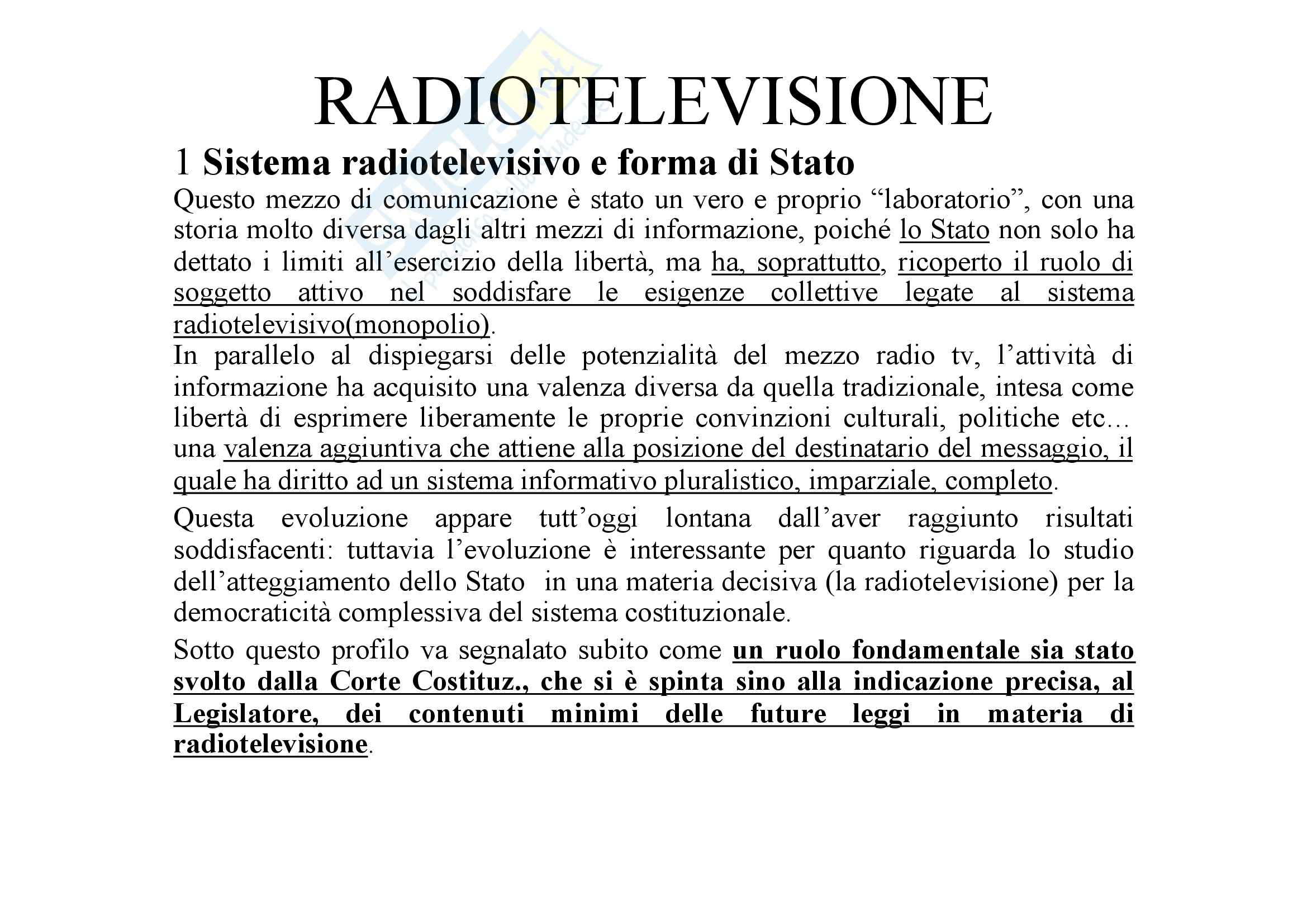 Diritto della comunicazione - Radiotelevisione 1a parte Pag. 1