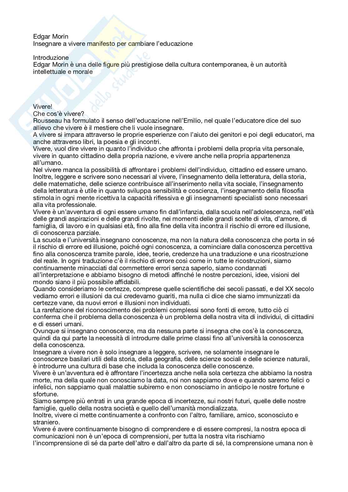 Riassunto esame Pedagogia generale e sociale, Prof. Guerrini Valentina, libro consigliato Edgar morin insegnare a vivere manifesto per cambiare l'educazione , Morin  Pag. 1