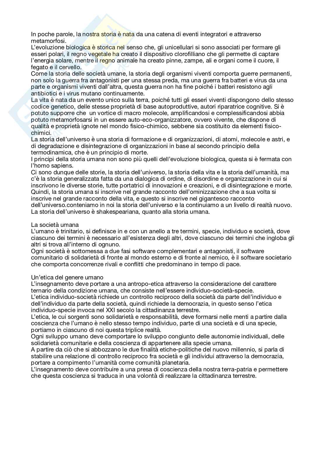 Riassunto esame Pedagogia generale e sociale, Prof. Guerrini Valentina, libro consigliato Edgar morin insegnare a vivere manifesto per cambiare l'educazione , Morin  Pag. 16
