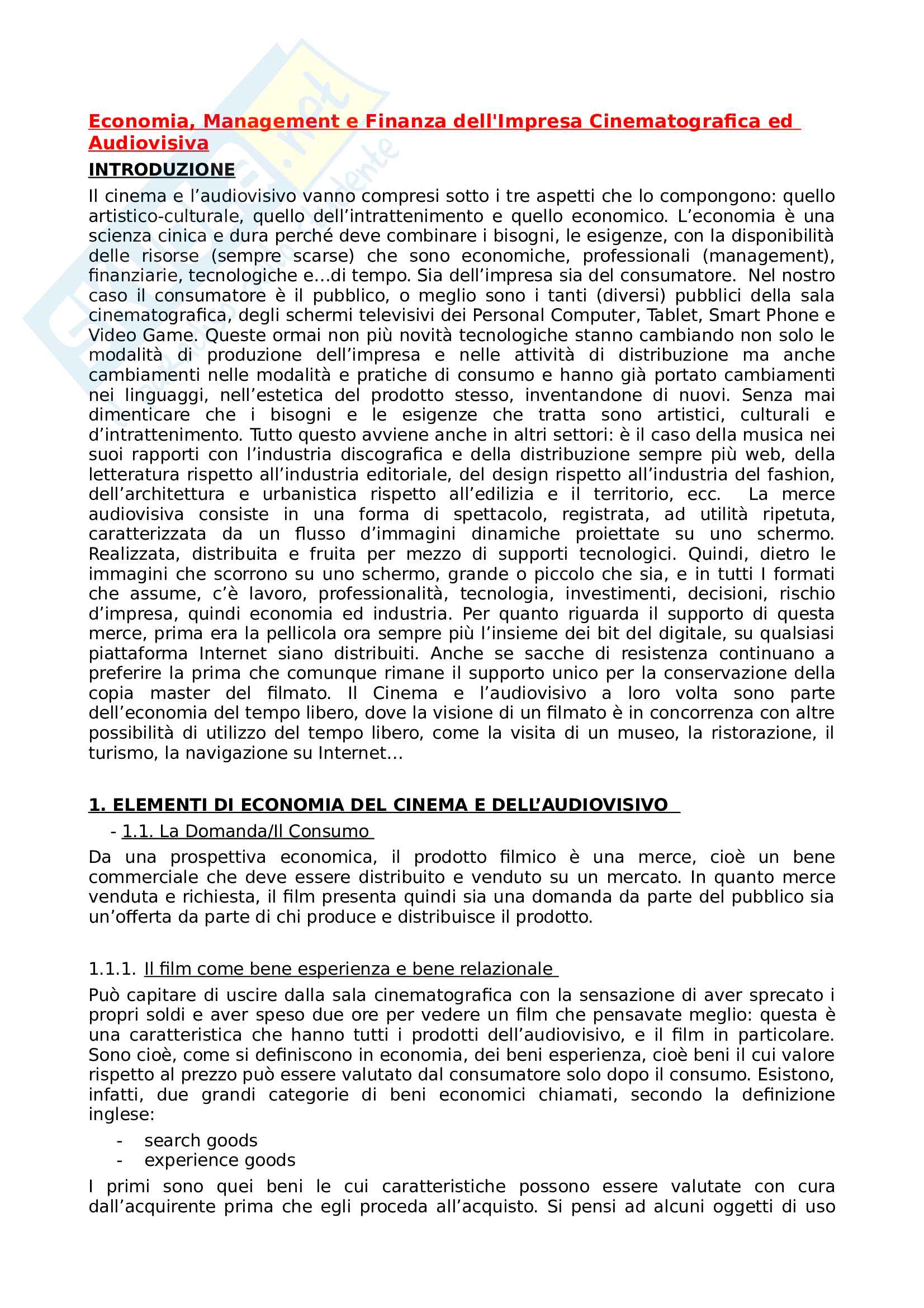 Riassunto esame Creazione di impresa audiovisiva, prof. Celata, libro consigliato Economia, management e finanza dell'impresa cinematografica Pag. 1