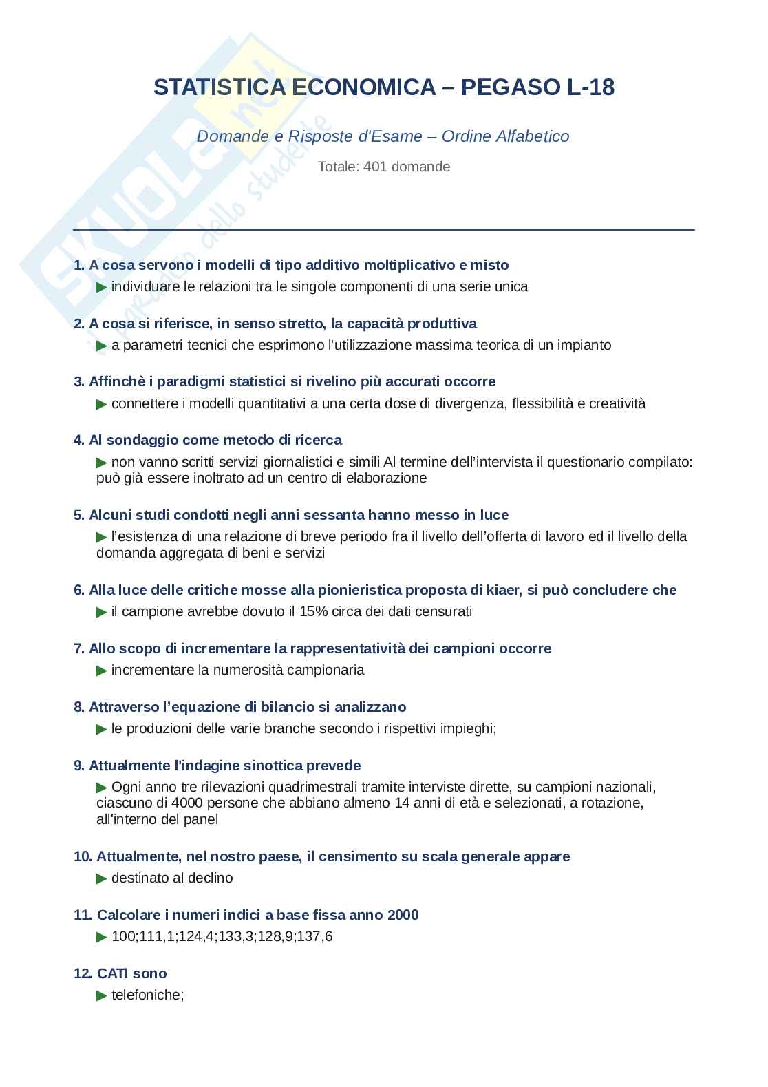 Domande e risposte Statistica economica, ordine alfabetico 2025 Pag. 1
