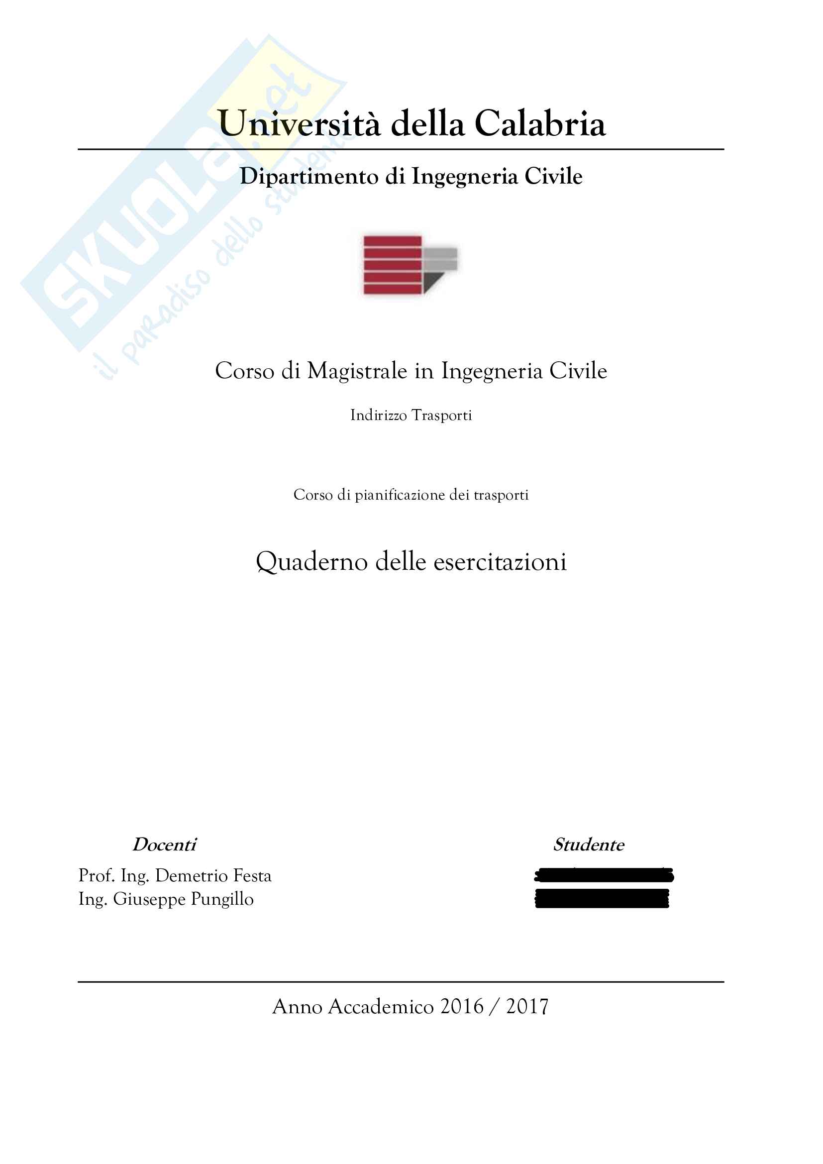 Quaderno delle esercitazioni di Pianificazione dei trasporti Pag. 1