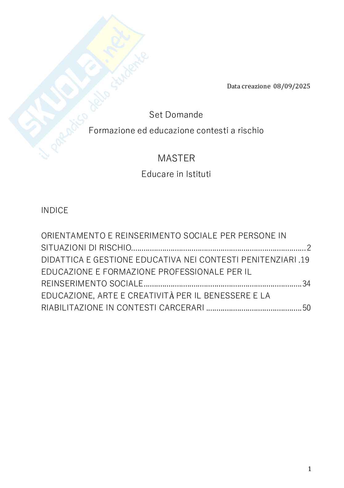 Master II livello - Educare in istituti penitenziari - Orientamento e reinserimento sociale Pag. 1
