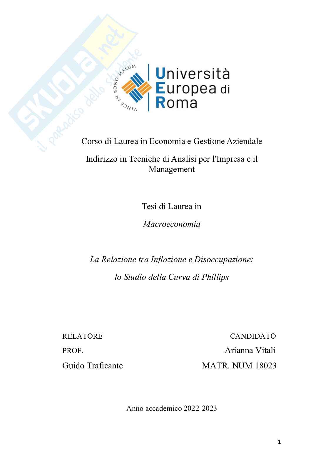 Relazione tra Inflazione e disoccupazione: lo studio della curva di Phillips Pag. 1