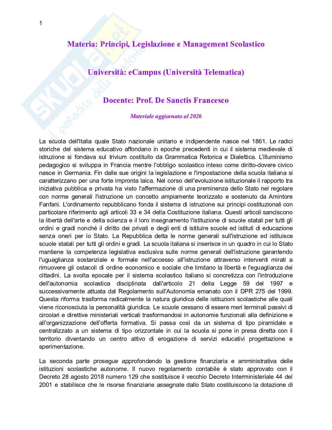 Elementi essenziali principi, legislazione e management scolastico Pag. 1