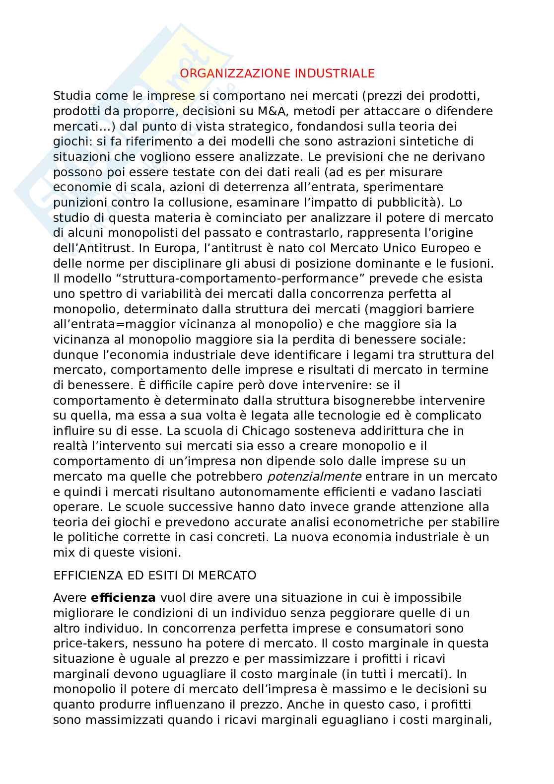 Appunti Economia Industriale/Economia delle organizzazioni Pag. 1