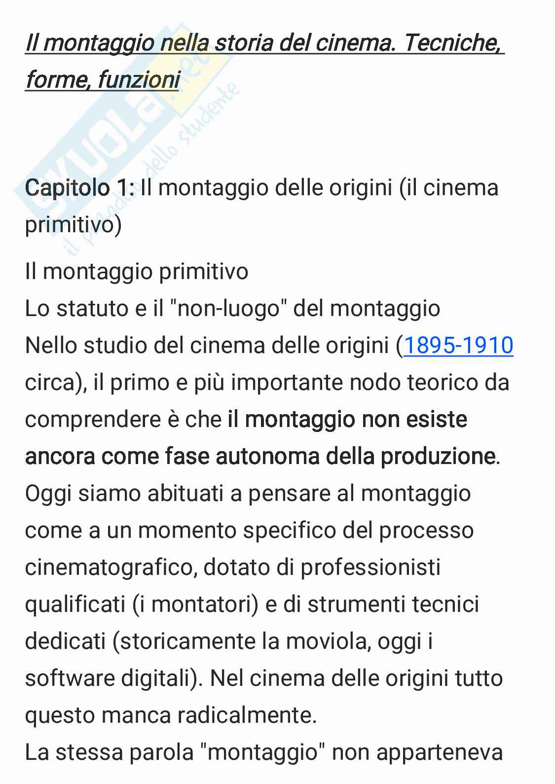 Riassunto esame Storia e teorie del cinema, Prof. Vitella Federico, libro consigliato Il montaggio nella storia del cinema. Tecniche, forme, funzioni, Vitella Pag. 1